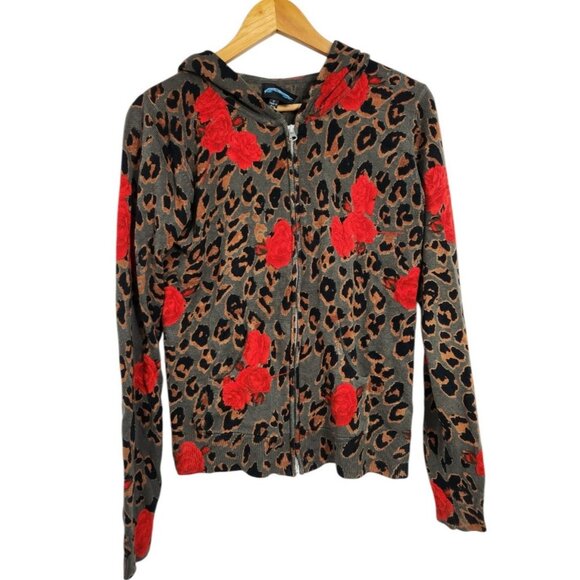 Vintage Y2K TILL THE END Rose Leopard Print Sweater Hoodie M Full Zip Knit 90s - Picture 2 of 5